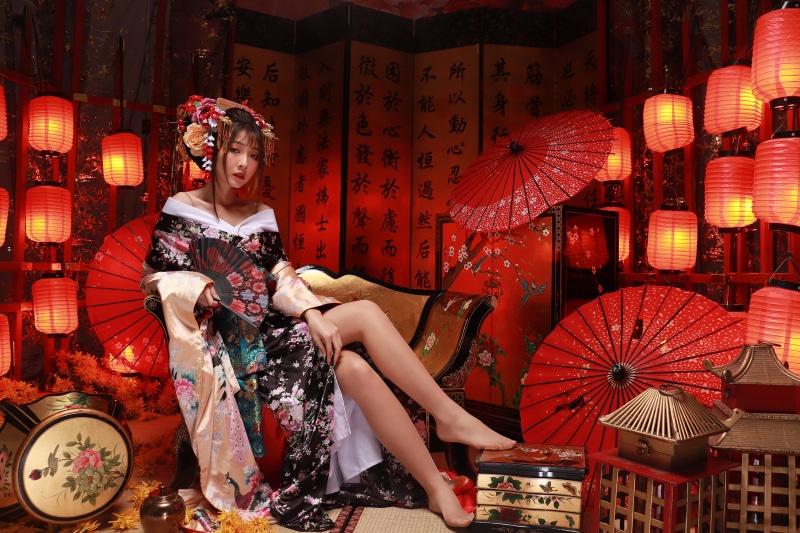 Woman in Kimono with Lanterns and Umbrellas