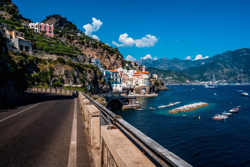 Amalfi Coast road with houses and sea in Italy