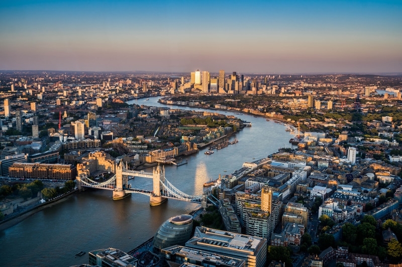 Aerial view of London with Tower Bridge and River Thames