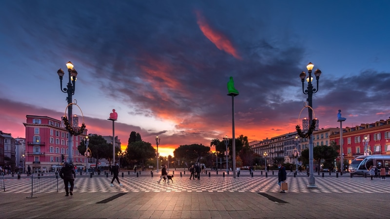 Place Masséna, Nice, France at sunset