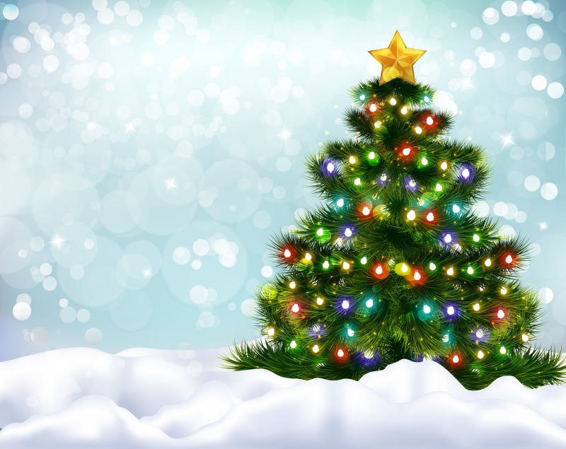 Christmas tree with lights and star in snow