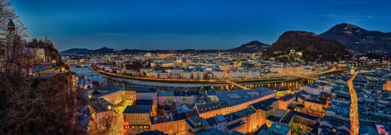 Salzburg Panorama at Dusk with Mountains and River