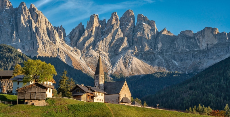 Santa Magdalena village with Geisler Peaks, Italy