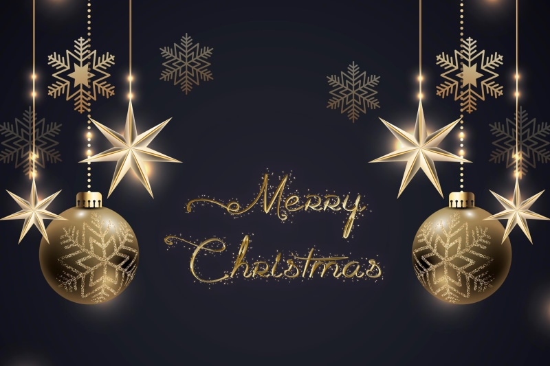 Merry Christmas golden ornaments and snowflakes