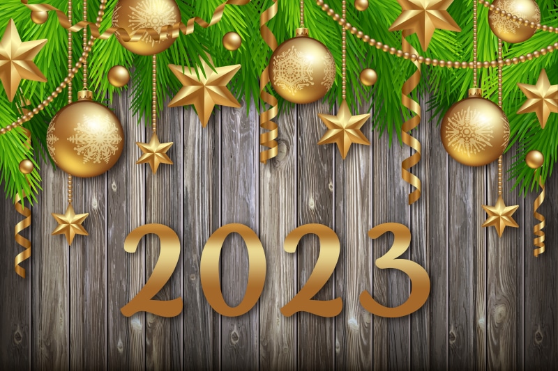 Christmas 2023 decoration with golden ornaments and stars