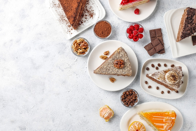 Assortment of cakes with fruits and nuts