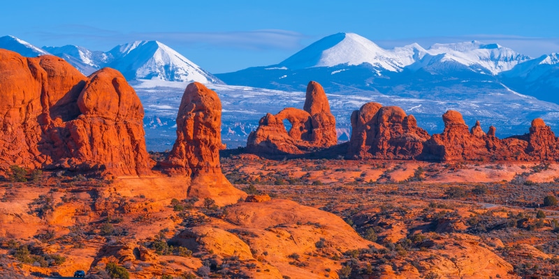 Arches National Park with Snow-Capped Mountains