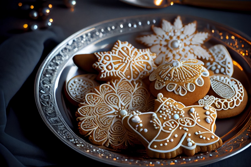 Plate of decorated snowflake and gingerbread cookies