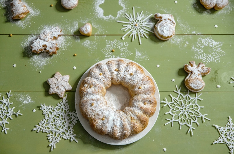 Christmas bundt cake and cookies with powdered sugar