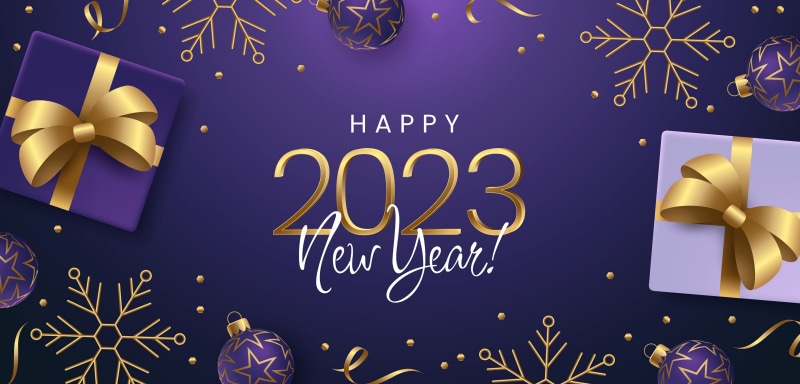 Happy 2023 New Year with Gifts and Snowflakes