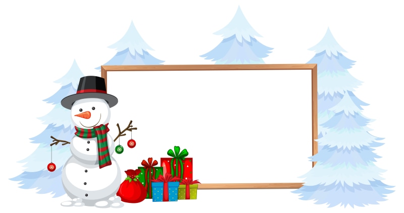 Christmas snowman with gifts and trees
