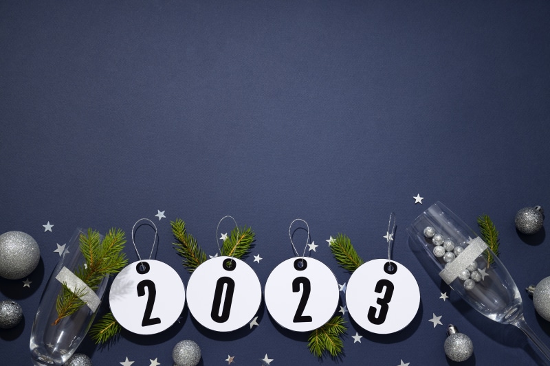 New Year 2023 celebration with champagne glasses and ornaments