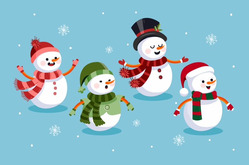 Four snowmen with hats and scarves in the snow