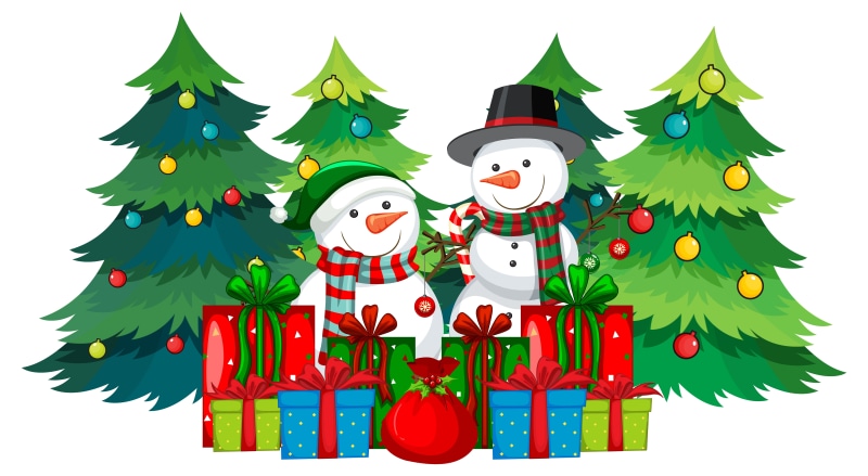 Christmas trees with snowmen and gifts