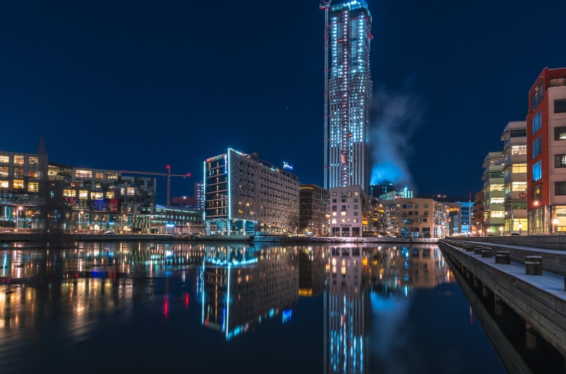 Gothenburg, Sweden at Night with River Reflections
