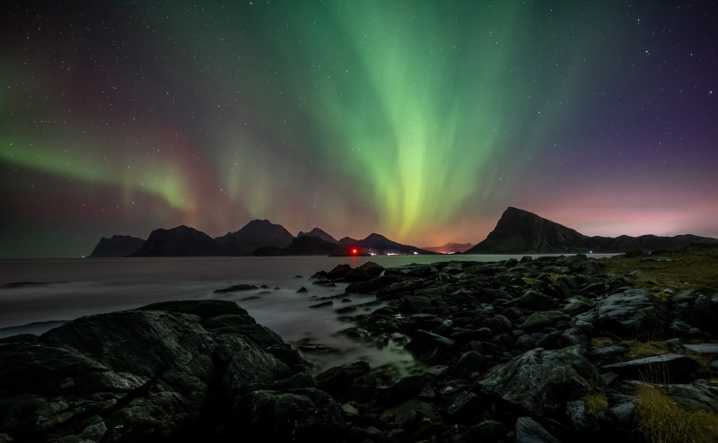 4K Aurora Borealis over Lofoten Mountains, Norway