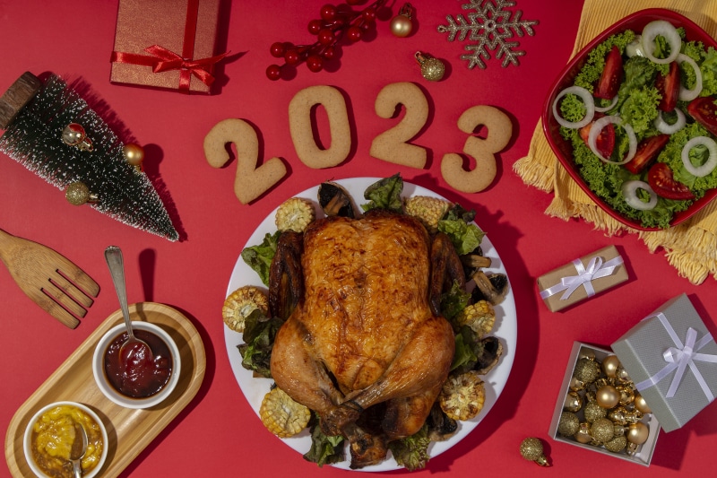 Christmas Dinner with Roast Chicken and 2023 Decorations