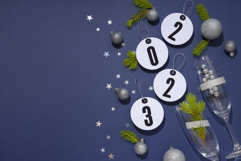 New Year 2023 celebration with champagne glasses and ornaments