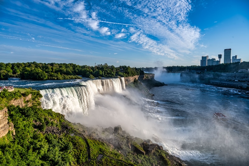 Niagara Falls with City Skyline and Boat