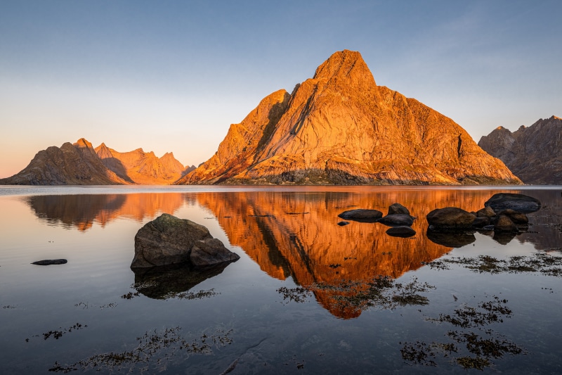 Mountains and reflection in water at Moskenes, Lofoten, Norway