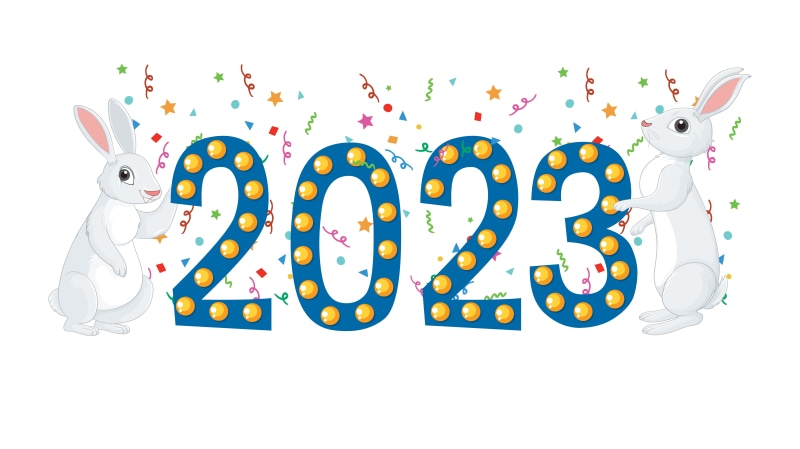 Rabbits and 2023 numbers with confetti