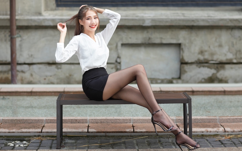 4k Asian Bench Sitting Brunette Girl Smile Hands Blouse Skirt