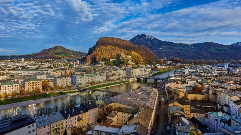 Salzburg, Austria with Mountains and River