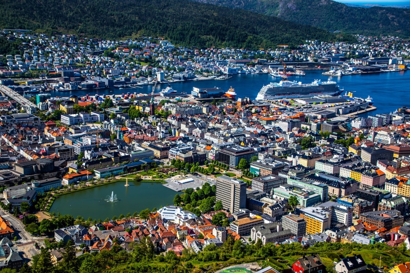 Bergen, Norway from above with cruise liner