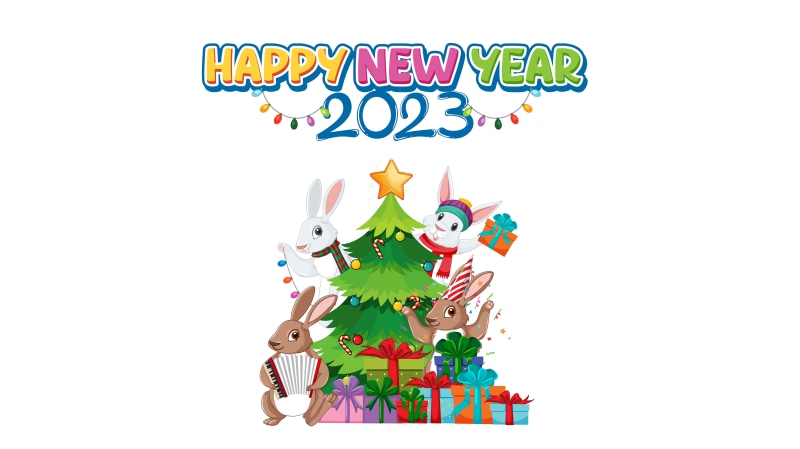 Happy New Year 2023 with Rabbits and Christmas Tree