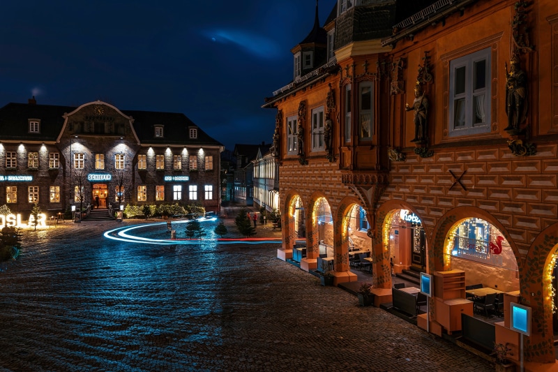 Goslar town square at night with illuminated buildings