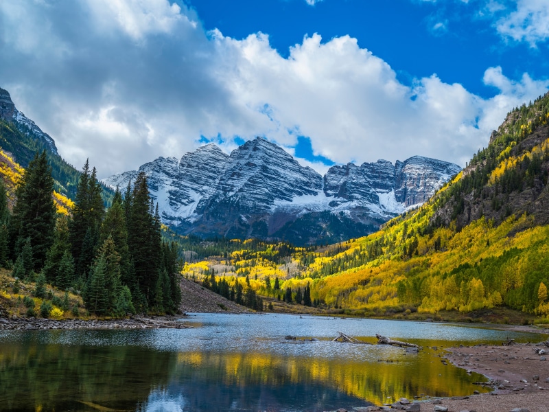 Maroon Bells Mountains and Lake in Autumn