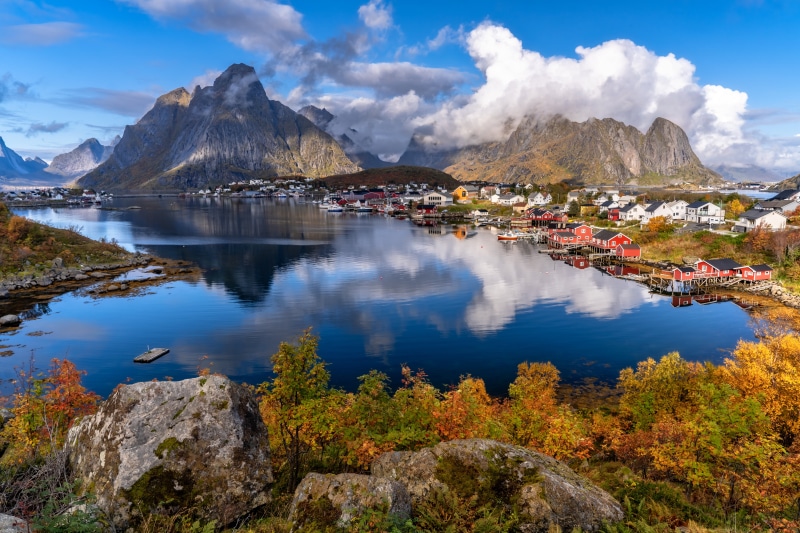Norway Lofoten Mountains and Houses with Reflection