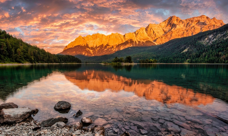 Lake Eibsee with Mountains and Reflection in Bavaria, Germany