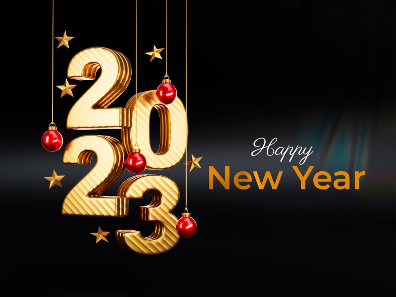 Happy New Year 2023 Golden Numbers with Ornaments