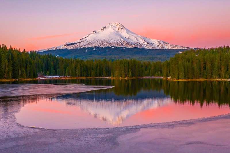 Mount Hood reflected in Trillium Lake at sunset
