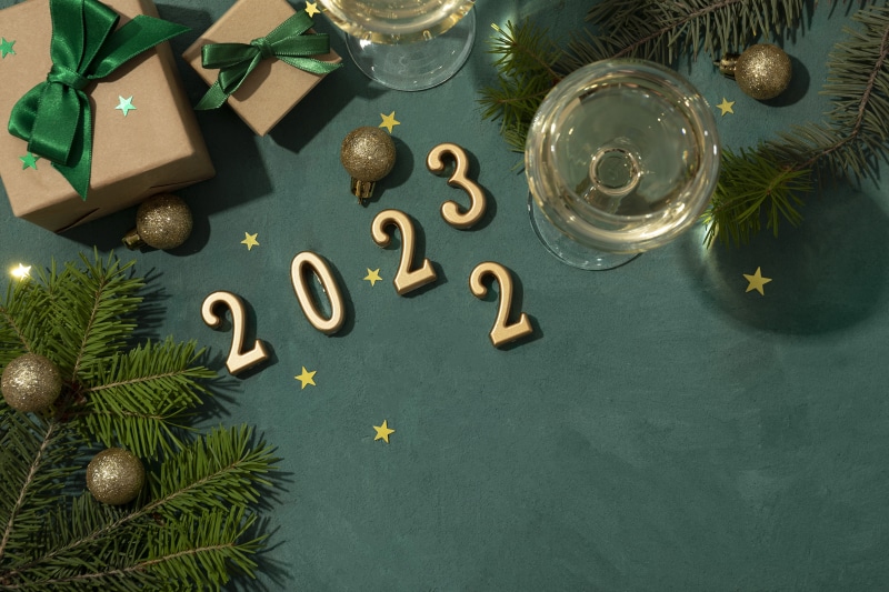 New Year's Eve celebration with champagne and gifts