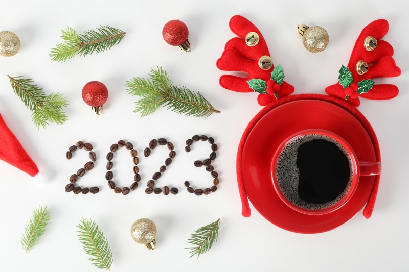 Christmas coffee cup with 2023 made of coffee beans