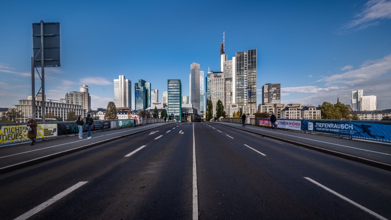 Frankfurt skyline with skyscrapers and bridge