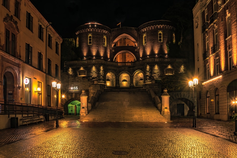 Kärnan Tower and stairs at night in Helsingborg, Sweden