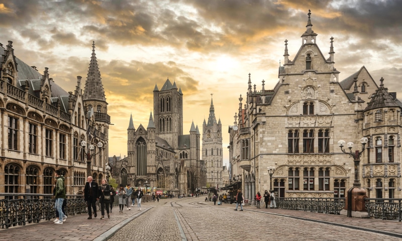 St. Nicholas Church and St. Michael's Bridge in Ghent, Belgium