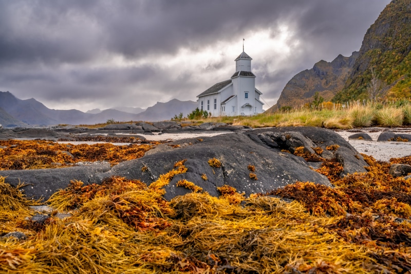 Norway Lofoten Autumn Church Mountains