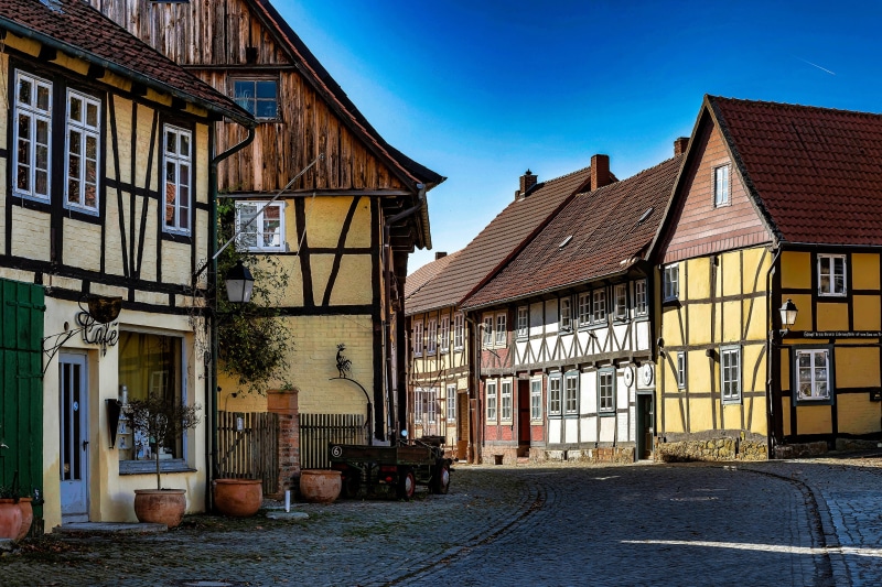 Half-timbered houses on a cobblestone street in Germany