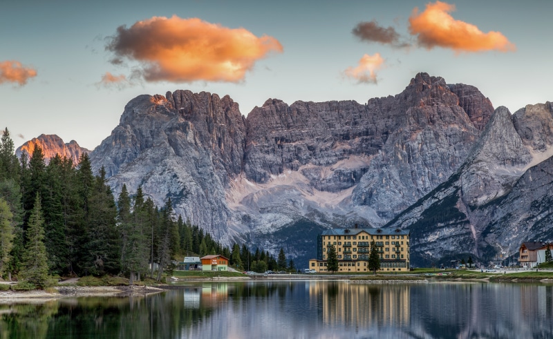 Lake Misurina with Mountains and Hotel, Italy