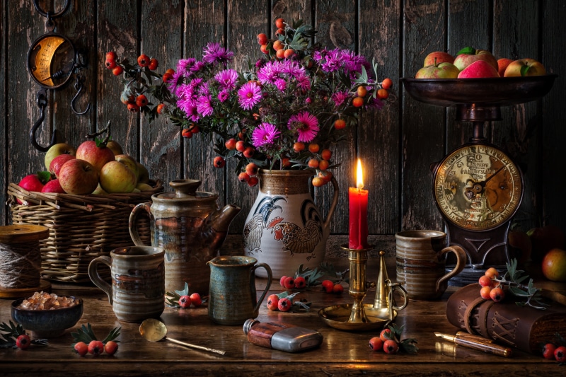 Still-life with apples, flowers, and candle