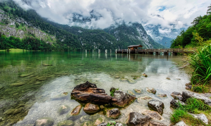 Obersee Lake with Mountains and Dock in Bavaria, Germany