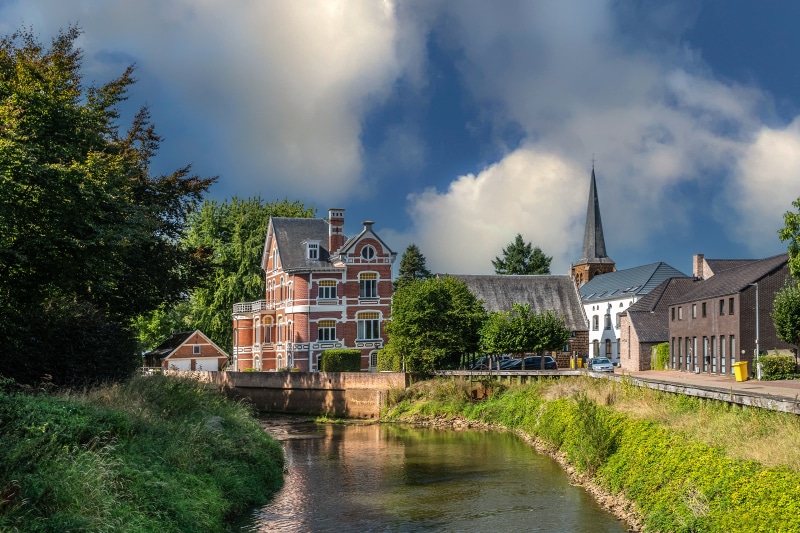 4K Testelt Belgium River Houses and Church