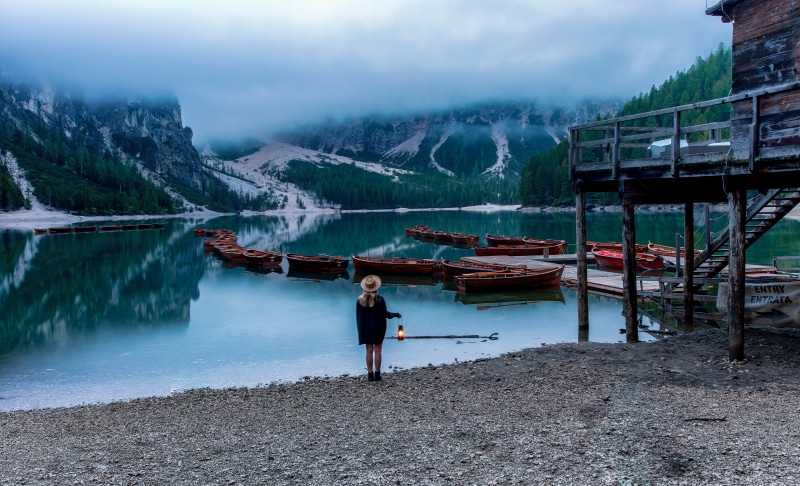 Lago Di Braies, Italy: Boats, Mountains, and Fog