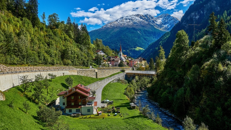 4K Austria Mountains River Village Alps