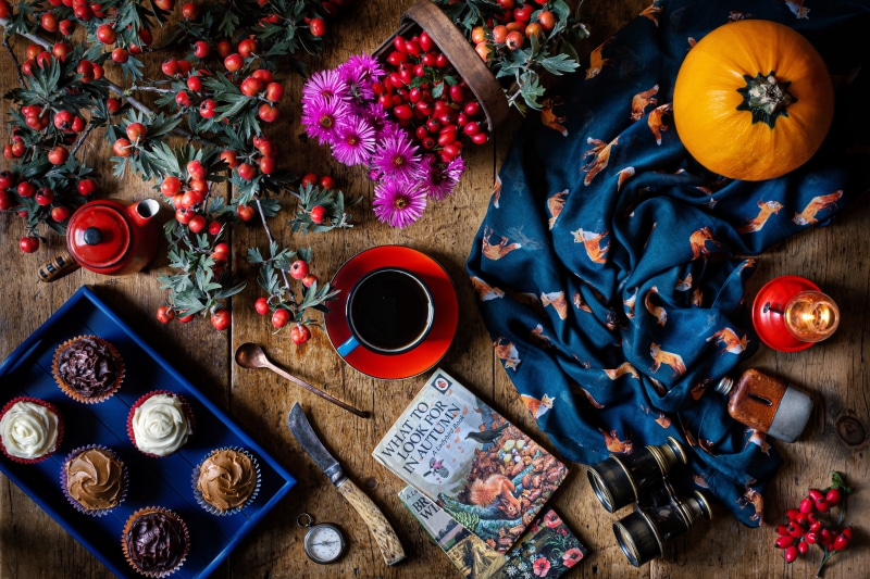 Autumn still life with cupcakes, coffee, and pumpkin