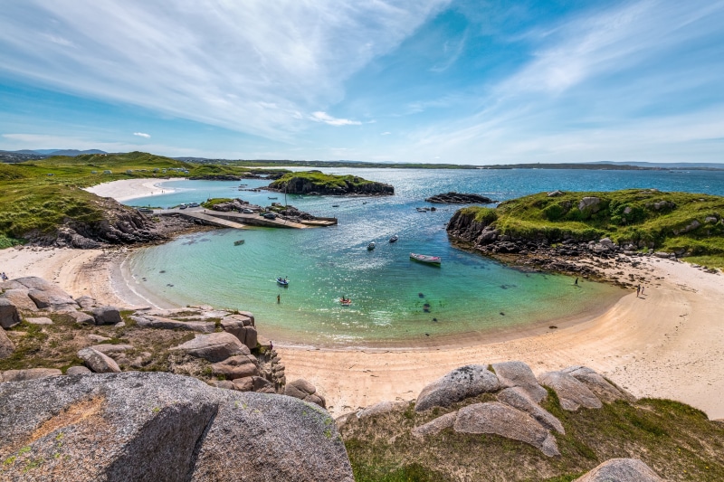 Carrickfinn Beach Ireland with Boats in Cove